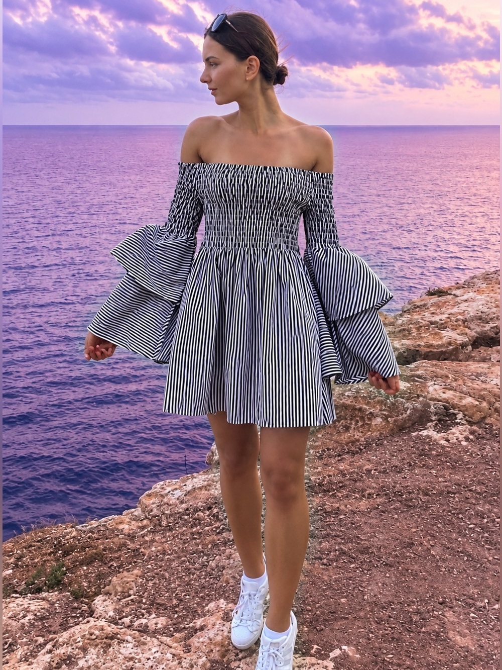 Striped Mini Dress or long Top - black & white
